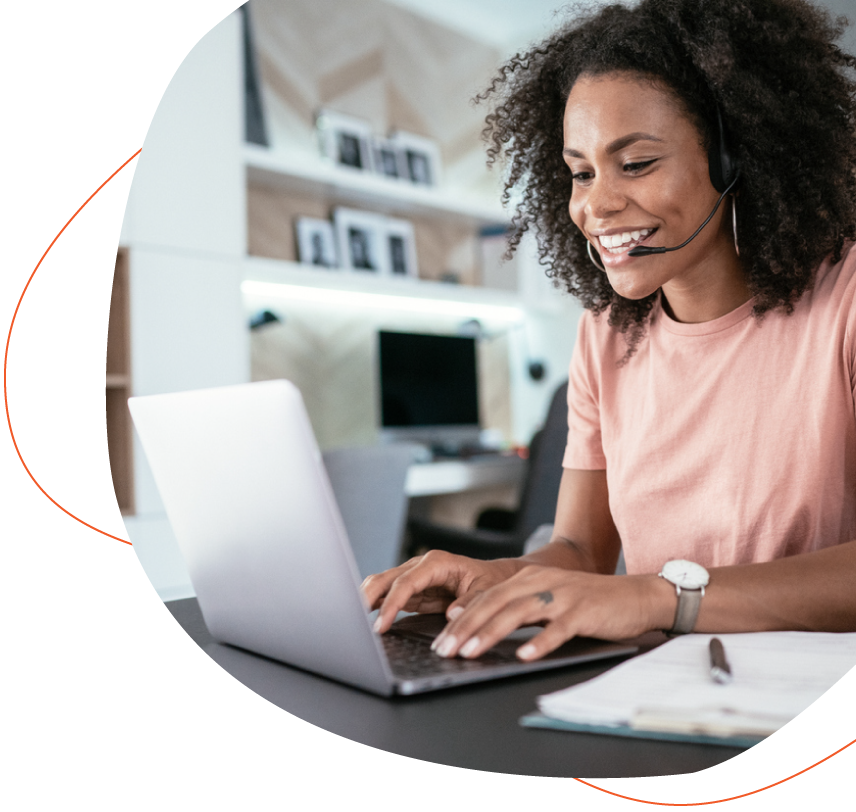woman talking over cloud phone system - desktop