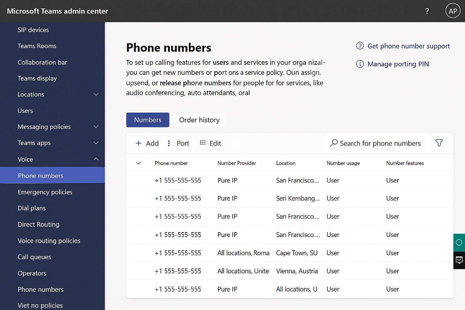Teams Admin Center phone numbers