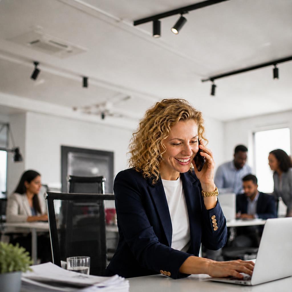 employee working on laptop while using Mobile Connect for Microsoft Teams on her mobile device
