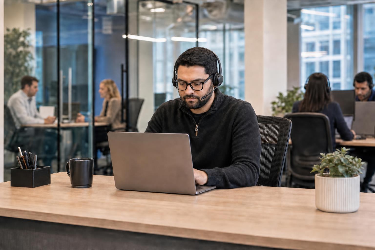 Communications Specialist With Visible Headset At Desk