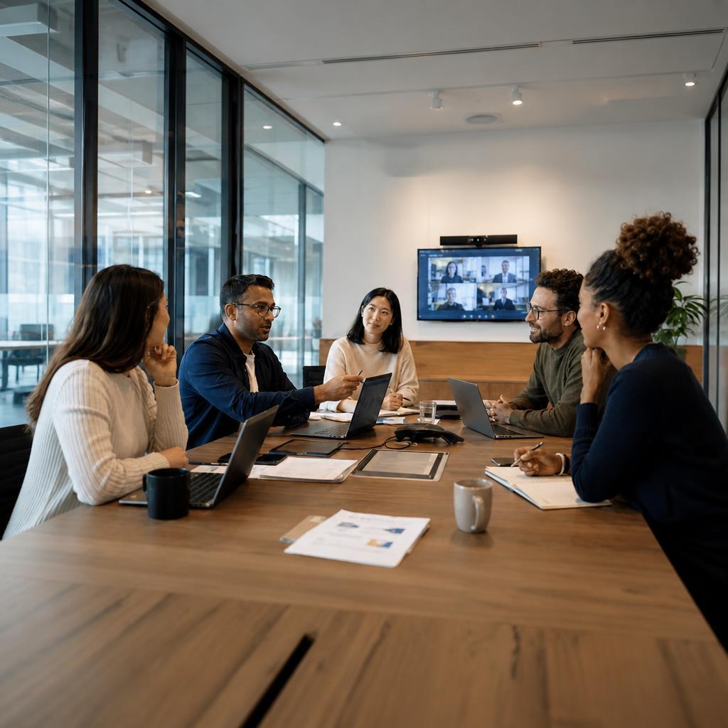 Five Professionals At Square Edged Office Meeting Table