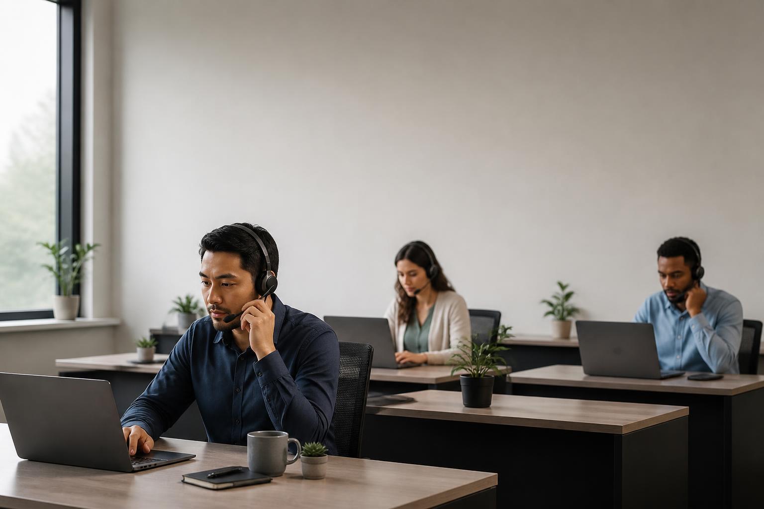 Three Engineers In Modern Call Center Workspace At Daylight
