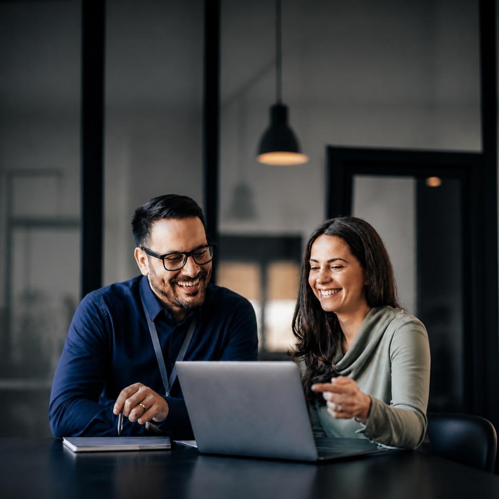 Two Colleagues Collaborating At Shared Laptop With Extra Headroom