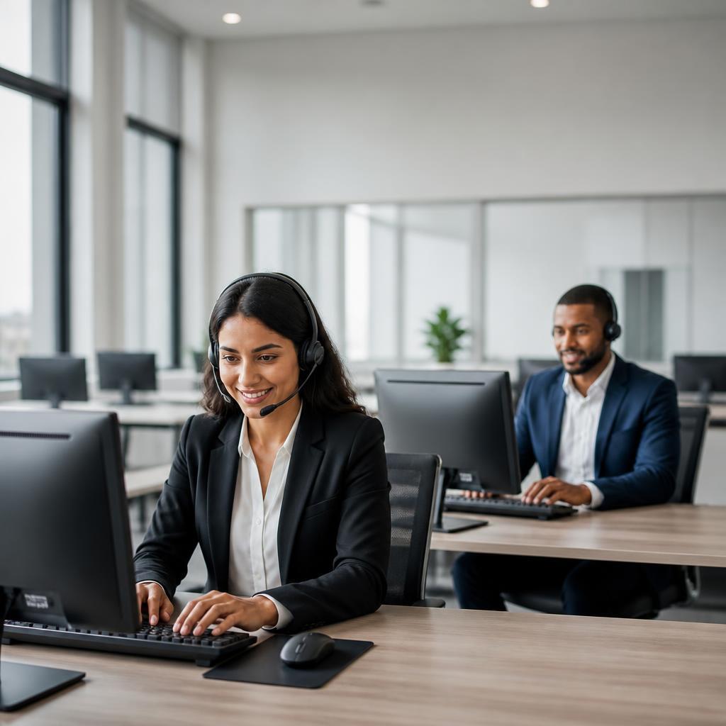 Two Headset Agents At Modern Workspace