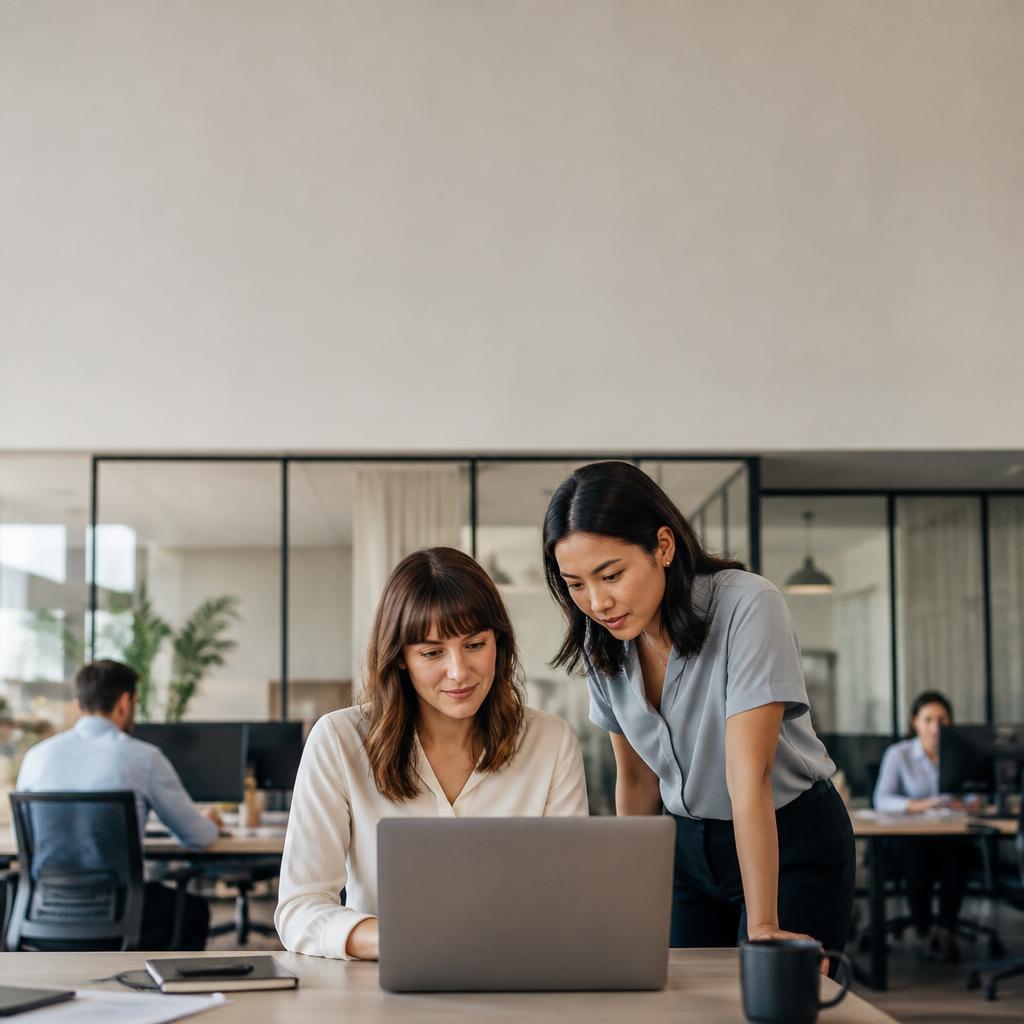 Two Women Collaborating At Laptop In Modern Office