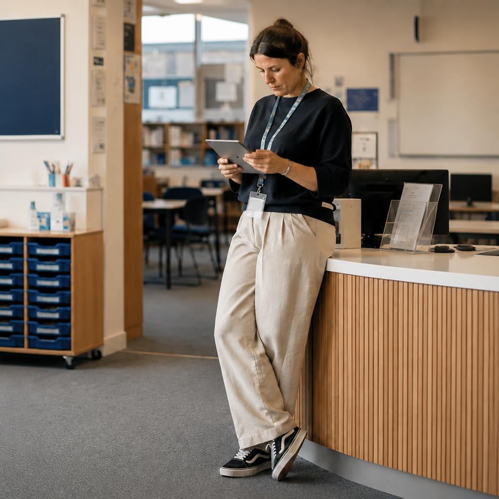 Woman At School Reception Desk With Tablet