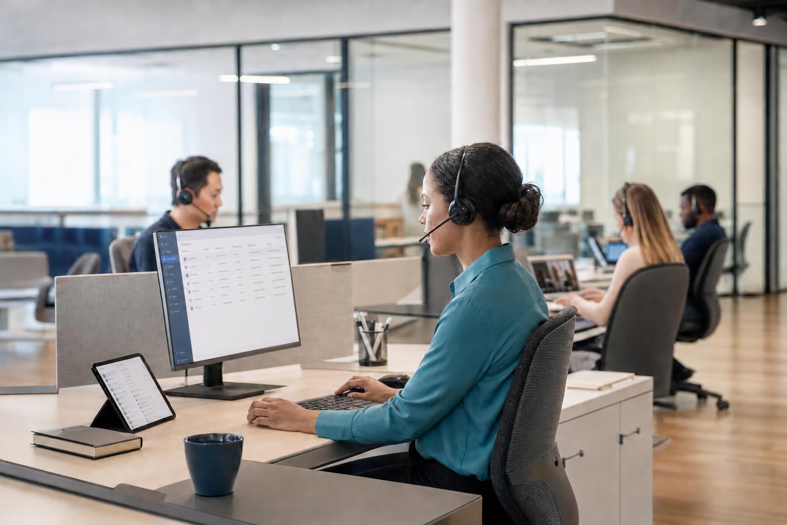 Woman In Cyan Shirt At Enterprise Desktop Screen