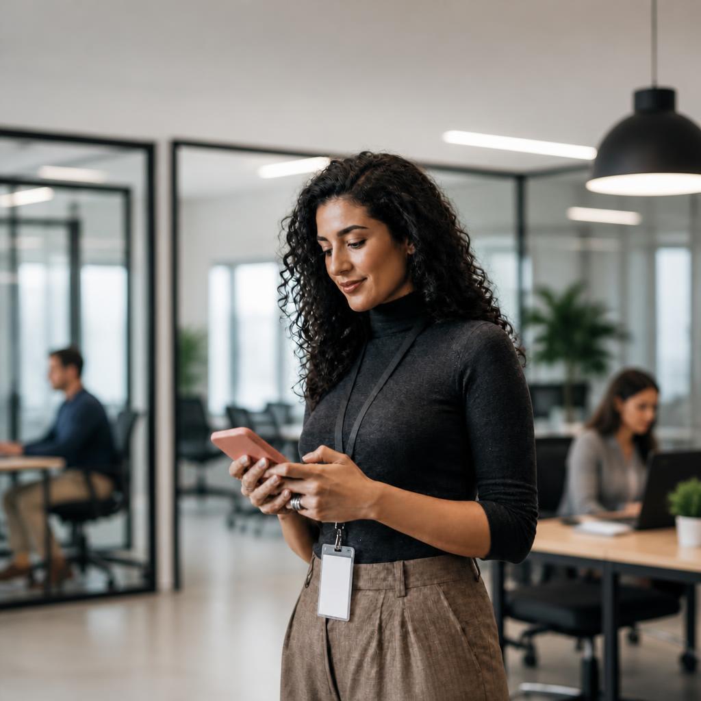 Woman In Office sending SMS on mobile device