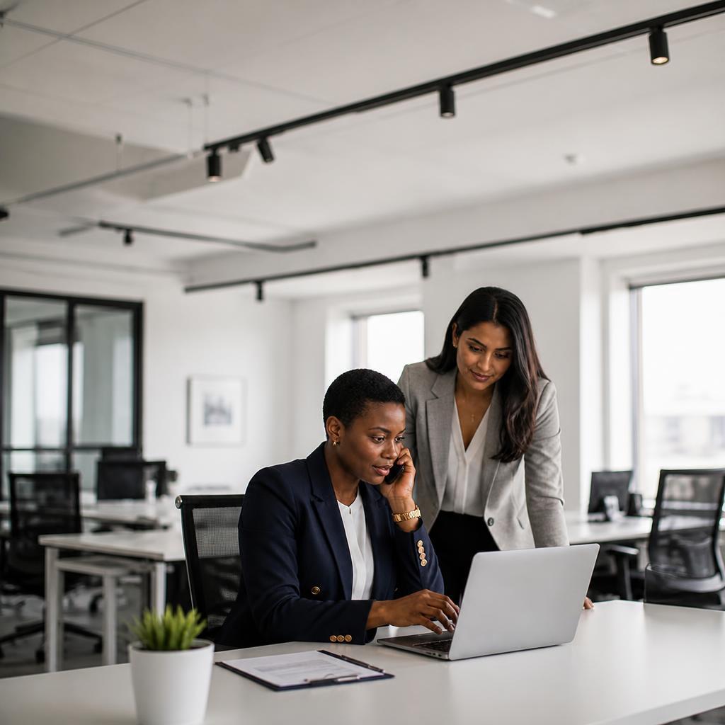 Two Diverse Women Collaborating At Office Laptop