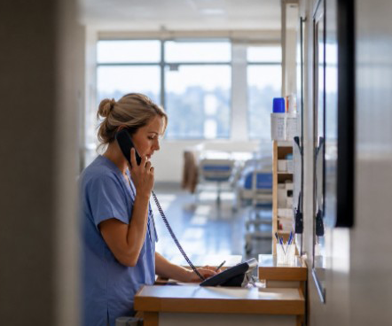 voice solutions for healthcare - nurse talkin on the phone in a hopsital